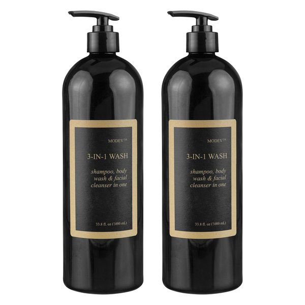 Two (2) Bottles MODEV 3-in-1 Men's Shampoo + Body Wash + Facial Cleanser, 1000 mL