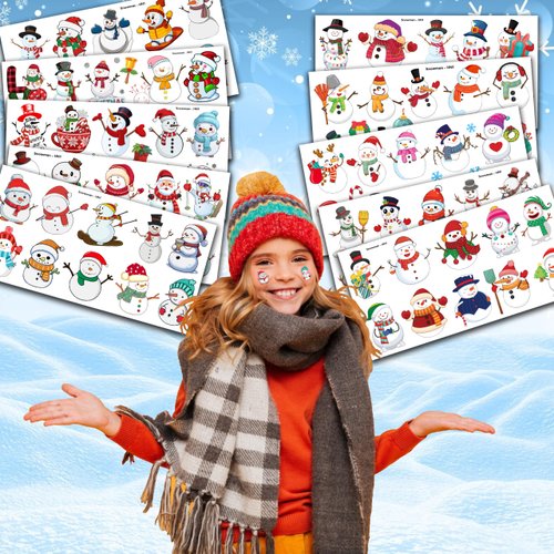 100PCS Chritsmas Snowman Temporary Tattoos Stickers Winter Theme Birthday Party Decorations Décor Supplies Favors Merry Xmas Snowflakes Tattoo Sticker Gifts For Boys Girls School Prizes Carnival