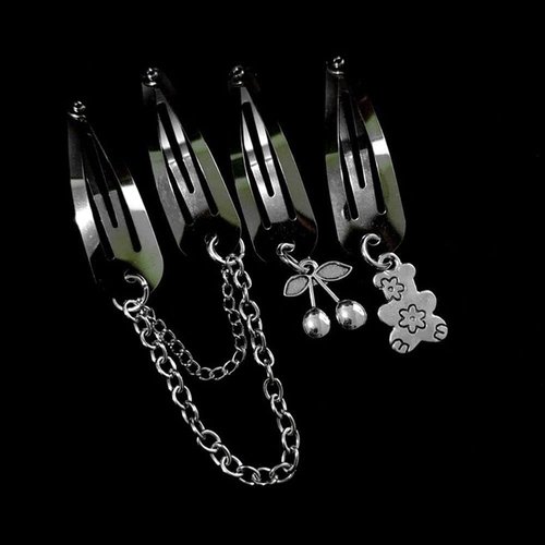 2pcs Set Metal Snap Hair Clips, Silver Color Cross Heart Hair Barrettes Clips with Pendant Girls Hair Accessories(chain)