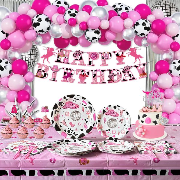 Disco Cowgirl Party Decorations,171Pcs Western Cowgirl Horse Birthday Party Decoration Supplies (16 Guest) with Cowgirl Plates Napkins Forks Tablecloth Cake Topper Fringe Curtain Balloon Banner