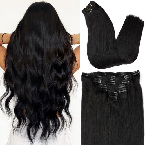 ORIGEN Clip in Hair Extensions Real Human Hair Clips ins Remy Hair Extensions for Women Full Head Natural Black 120g 16 Clips 7 Pcs 16 Inches