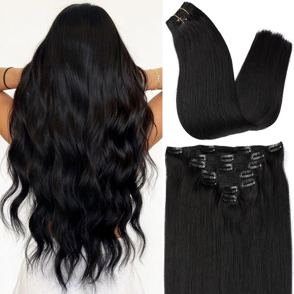 ORIGEN Clip in Hair Extensions Real Human Hair Clips ins Remy Hair Extensions for Women Full Head Natural Black 120g 16 Clips 7 Pcs 16 Inches