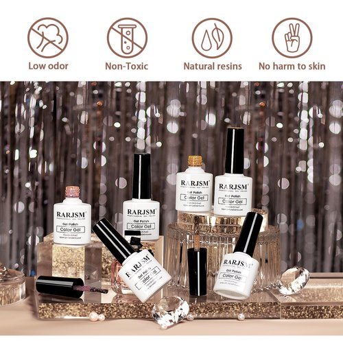 RARJSM Reflective Glitter Gel Nail Polish Set 6 Colors Sparkle Sliver Champagne Gold Pink Orange Black Red Rainbow Sequins Gel Nail Polish Soak Off UV Diamond Gel Polish DIY Salon Manicure at Home