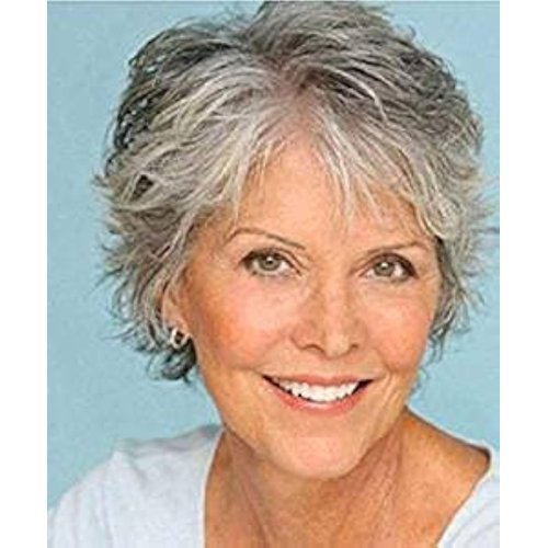 Nicetobuy Umeet Heat Resistant Synthetic Wigs Short Fluffy Curly Wavy Hair Natural Grey White Wigs for Older Women With Wig Cap