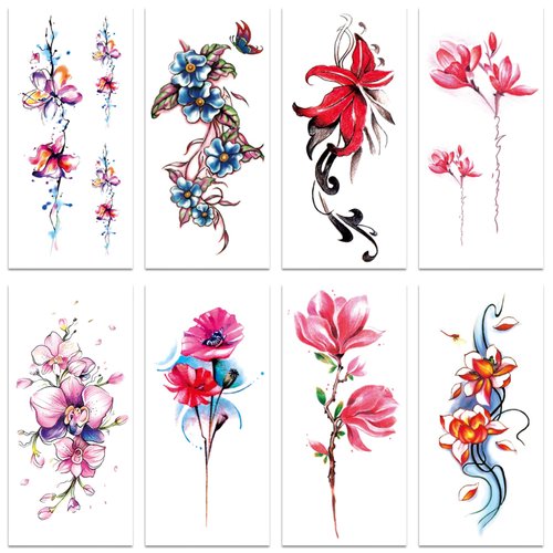 Fssqii 8 Sheets Sexy Flowers Temporary Tattoos for Women 3D Realistic Flowers for Chest Waist Back Body Apply False Tattoos for Girl Colorful Creative Art Tattoo Stickers for Girls or Kids