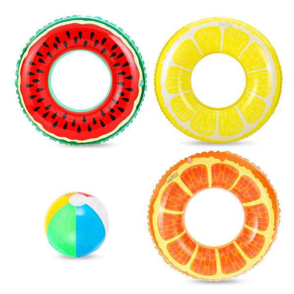 Bennol 3 PCS Swimming Rings with 1 Beach Ball Inflatable Pool Floats for Kids Adults 32.5'' Fruits Pool Floaties Rings Tube Toys for Summer Beach Water Float Party, Swimming Pool, Ocean, Beach Time