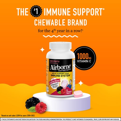 Airborne Vitamin C 1000mg (per serving) - Very Berry Chewable Tablets (32 count in a box), Gluten-Free Immune Support Supplement, With Vitamins A C E, ZINC, Selenium, Echinacea & Ginger, Antioxidants