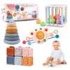 WAWAMINGZ Montessori Baby Toys 6-12 Months, 4 in 1 Toddlers Baby Toy Gifts 1 Year Old Boys Girls for 0, 6, 9, 12, 18 Months, Pull String Teether, Infant Stacking Blocks, Sensory Shapes Bin