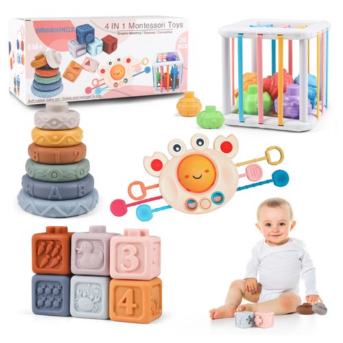 WAWAMINGZ Montessori Baby Toys 6-12 Months, 4 in 1 Toddlers Baby Toy Gifts 1 Year Old Boys Girls for 0, 6, 9, 12, 18 Months, Pull String Teether, Infant Stacking Blocks, Sensory Shapes Bin