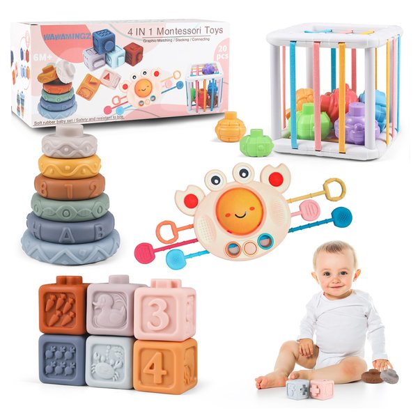 WAWAMINGZ Montessori Baby Toys 6-12 Months, 4 in 1 Toddlers Baby Toy Gifts 1 Year Old Boys Girls for 0, 6, 9, 12, 18 Months, Pull String Teether, Infant Stacking Blocks, Sensory Shapes Bin