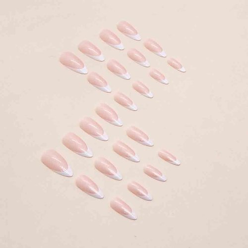 Foccna 24Pcs French Press on Nails Medium, White Fake Nails Almond Nails Glazed, Glossy False Nails, Acrylic Nails for Women and Girls