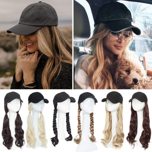 SEGO Baseball Cap with Hair Extensions for Women Adjustable Hat with Hair Attached Synthetic Long Wavy Wig with Black Hat Stylable for Pigtail Ponytail 16 Inch 290g Light Brown&Ash Blonde