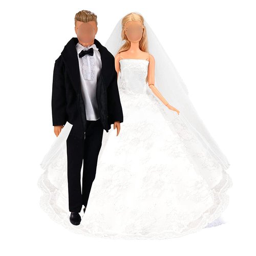 BARWA Wedding Set White Wedding Dress with Veil and Formal Suit Outfit for Boy & Girl Dolls