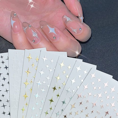 Stars Nail Art Stickers Decals 6Sheets Nail Art Supplies 3D Self-Adhesive Nail Art Decoration Stars Holographic Laser Design Nail Art Accessories Women and Girls DIY Acrylic Nail Art
