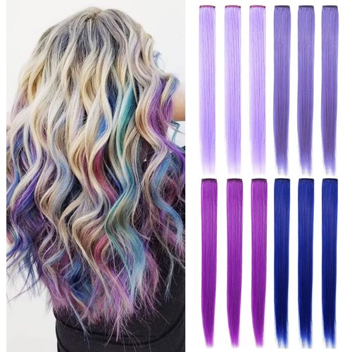 LSKJMO Blue&Purple&Lavender&Light Purple Wig Pieces Colorful Party Highlights Clip in Coloured Hair Extensions Multicolors Straight Synthetic Hairpieces for Women Kids Girls