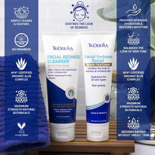 TriDerma Facial Redness Relief Bundle, Gentle Face Cleanser Plus Moisturizing Face Cream, Soothing Daily Redness Treatment for Red, Sensitive Skin| Promotes Even Skin Tone | Day/Night |