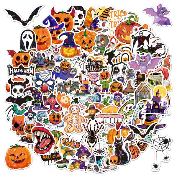 100PCS Halloween Stickers for Kids, Vinyl Decals Non-Repeating Glitter Halloween Stickers, Vinyl Waterproof Holiday Party Stickers, Kids and Youth Adult Party Favors Gifts (Halloween-Q17)