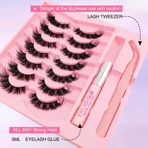 Lashes Kit with Glue and Tweezer Cat-Eye Lashes Flu-ffy 18mm Fox Eye Lashes, Curly Volume Eyelashes Faux Mink Lashes, that Look Like Extensions Lashes Wispy Natural Look 7 Pairs Pack(Kits-XK05)