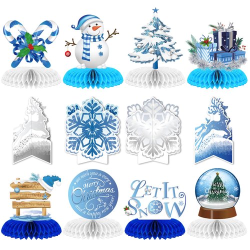 WEEPA 12 Pcs Snowflake Christmas Party Supplies Winter Wonderland Party Decorations Blue White Snowflake Honeycomb Centerpieces Table Decorations for Christmas Holiday Winter Birthday Party Supplies