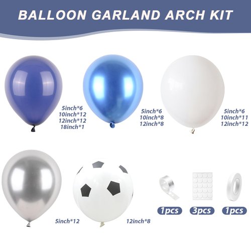 Soccer Balloon Arch Kit,Royal Blue White Metallic Silver Football Balloons for Kids Boy Soccer Birthday Party Decorations Baby Shower Wedding Anniversary Graduation Sport Themed Party Supplies