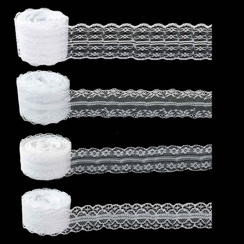 40 Yards White Lace Ribbon Gift Wrapping Wedding Lace Ribbon Dress Decoration Sewing Crafts Lace Crochet Ribbon Vintage Cotton Lace Rolls Lace Trim Scalloped Edge for Bridal Christmas Supply (4 Style)