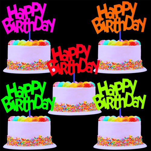 24 Pieces Glow Party Neon Party Supplies Happy Birthday Cake and Cupcake Toppers for Glow Neon Birthday Party Wedding Decoration Black Light Reactive Party Halloween Christmas