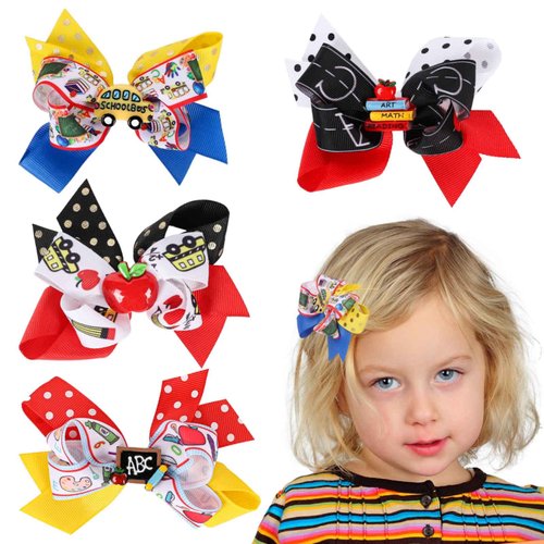 Whaline 4Pcs Colorful Back to School Hair Accessories: Apple, School Bus, Blackboard Grosgrain Ribbon Barrettes for Kindergarten Girls Students' First Day