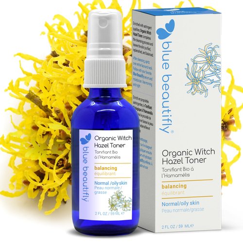 Blue Beautifly USDA Certified Organic Witch Hazel Toner for Face | Purifies Pores & Balances Sebum | with Skin-Soothing Lavender Hydrosol | Double Distilled & Undiluted for Maximum Potency | 2 fl oz