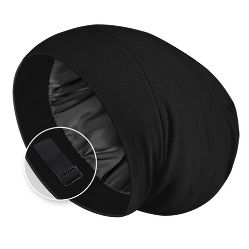 Zenssia Satin Lined Hair Bonnet for Sleeping, Sleep Cap for Women and Men with Adjustable Strap, Stay On All Night Hair Wrap, Black, Pack of 1
