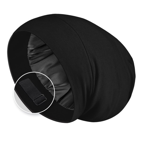 Zenssia Satin Lined Hair Bonnet for Sleeping, Sleep Cap for Women and Men with Adjustable Strap, Stay On All Night Hair Wrap, Black, Pack of 1