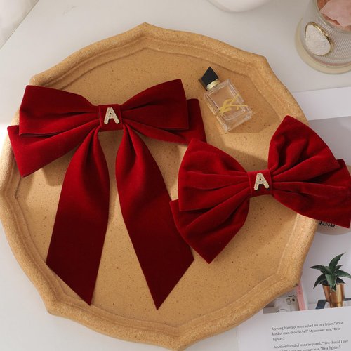 2Pcs Initial Velvet Hair Bows & Hair Ribbons, Hair Clips for Women, Hair Accessories for Girls, Hair Ribbon Barrettes, Personalized Gifts for Wedding Birthday Christmas Valentines(Red,A)
