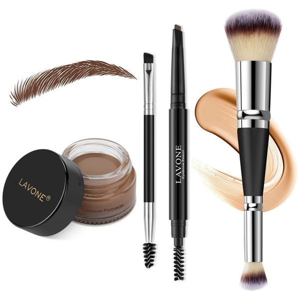 LAVONE Eyebrow Pencil Makeup Kit for Eyebrow Makeup, Make up Brow Kit with Waterproof Eyebrow Pencil, Eyebrow Pomade, Foundation & Concealer Brush and Dual-ended Eyebrow Brush - Chocolate