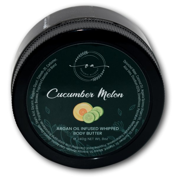 Organic Alchemy Whipped Argan Oil Body Butter for Dry Skin, Anti-Aging Body Cream Made for Women - Natural Skin Care, 8 OZ (Cucumber Melon)