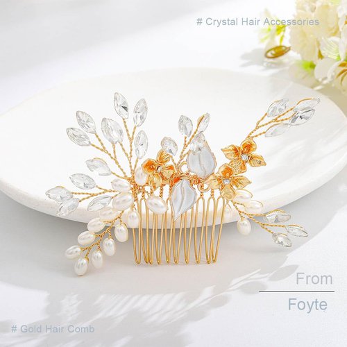 Foyte Gold Bridal Hair Comb Rhinestone Pearl Hair Piece Leaf Bridesmaid Hair Accessories Wedding Crystal Headpiece for Party Prom Pageant