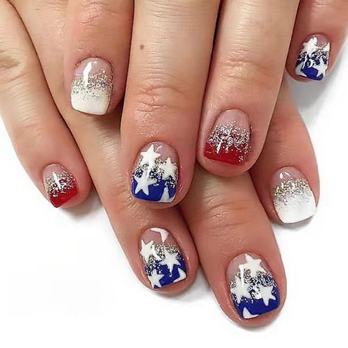 OCOUYVD 4th of July Press on Nails with Star Designs Independence Day Glitter Fake Nails Extra Short Square Red Blue Glossy False Nails Petite Acrylic Nails Small Stick on Nails for Women 24 Pcs