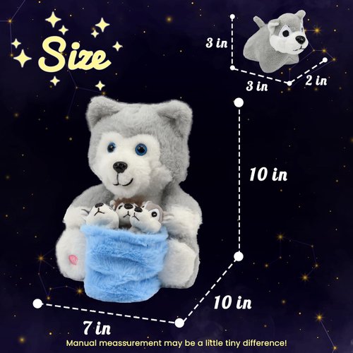 Hopearl LED Plush Husky with Removable Bucket Lighting Up Stuffed Mommy Dog with 3 Baby Puppies in Basket Floppy Stuffed Animal Playset Night Lights Glow in The Dark Birthday Gifts for Kids, 10''