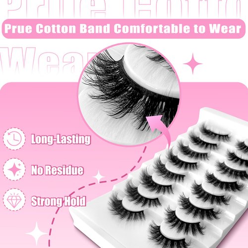 BTLLSSH 8Pair 3D5D 0.55INCH Fluffy Natural Look Faux Mink Lashes Thick False Eyelashes Volume Cat Eye Lashes Extension with Dark Pink Box