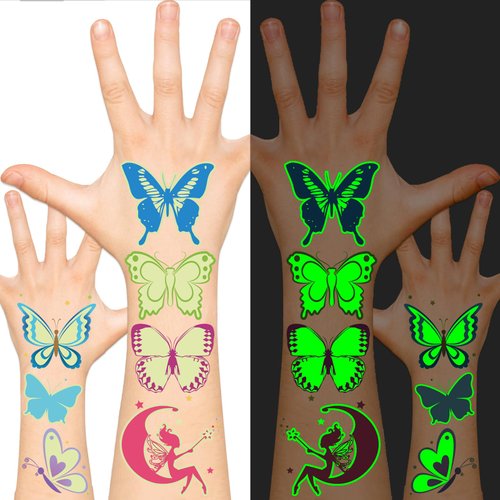 EMOME Glow Tattoos for Kids, Fake Tattoos Stickers for Boys and Girls, Luminous In The Dark Temporary Tattoos Kids, Children Glow Birthday Party Supplies Goodie Bags Stuffers (Butterfly)