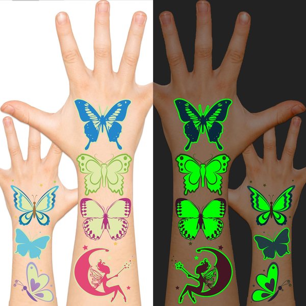 EMOME Glow Tattoos for Kids, Fake Tattoos Stickers for Boys and Girls, Luminous In The Dark Temporary Tattoos Kids, Children Glow Birthday Party Supplies Goodie Bags Stuffers (Butterfly)