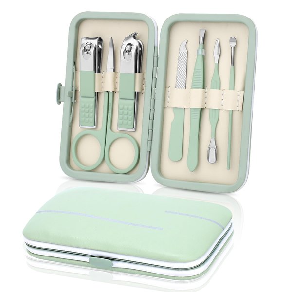 Manicure Set-Stainless Steel Nail Care Set-Professional 7 in 1 Ingrown Toenail Clipper Grooming Tool-Pedicure Kit & Toe Nail Cutter-Thick Nail Scissors Toiletries with Cuticle Trimmer (Green)
