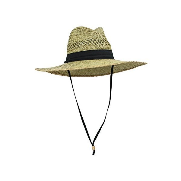 SUN & FUN Men's Straw Outback Lifeguard Sun Hat with Wide Brim, Natural/ Black, One Size / Adjustable