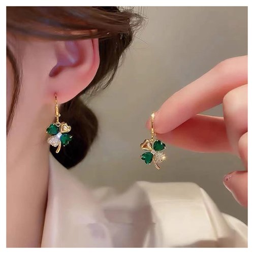 Sttiafay Boho Emerald Crystal Drop Earrings Green Rhinestone Flower Earrings Vintage Emerald Petal Earrings Green Cz Flower Earrings Jewelry for Women