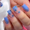 MISUD Short Square Press on Nails Squoval Fake Nails Glossy Glue on Nails Blue Gradient Acrylic Nails Spring Butterfly Artificial Nails Summer Bling Glitter Stick on False Nails with Design 24 pcs