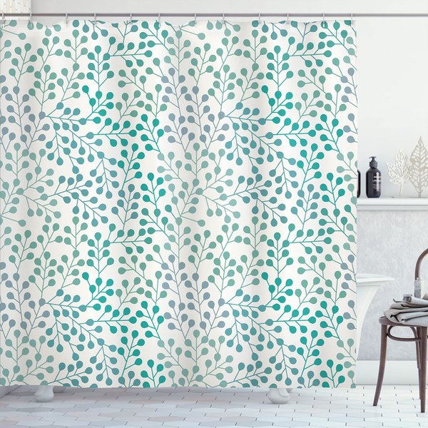 Ambesonne Botanical Shower Curtain, Branches in an Old Fashioned Style and Romantic Minimalist Design Simplistic Garden Artwork Print, Fabric Bathroom Decor Set with Hooks, 69" W x 75" L, White Teal