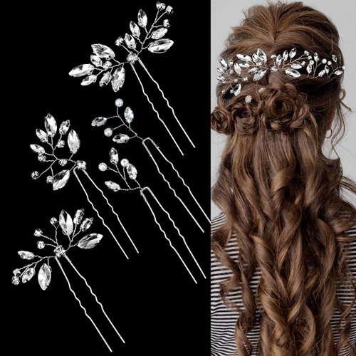 JIEYAO 5 Pcs Rhinestone Bride Wedding Hair Pins, Crystal Bridal Hair Accessories, Silver Flower Hair Piece for Women