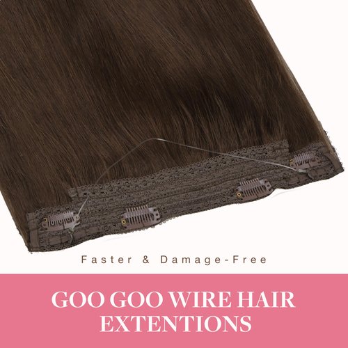 GOO GOO Wire Hair Extensions Real Human Hair, 14inch 75g Chocolate Brown, Invisible Wire Hair Extensions with Transparent, Seamless Fish Line Hairpiece, Straight Remy Hair Extensions