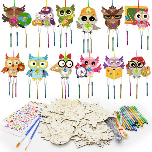 12 Pack Back to School Craft Kit,First Day of School Party Favors Bulk Owls Wooden Wind Chime Kit,School Goodie Treats Coloring Craft Kit for Kindergarten Party DIY Art Teacher Supplies