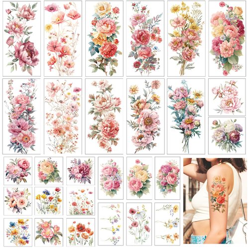 Gameza Flower Temporary Tattoos Girls - 28PCS Pretty Floral Tattoos Temporary Realistic 3D Wildflower Temporary Tattoo Stickers Watercolor Fake Tattoos Bulk Women Hand Neck Leg Arm