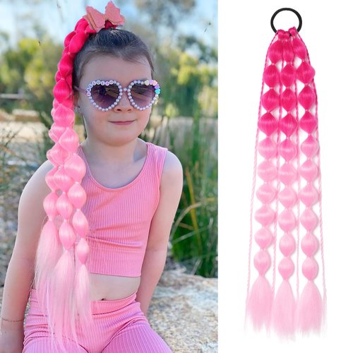 Behufun Colored Hair Extensions, 20" Lightweight Colored Hair Extensions for Kids Bubble Ponytail Extension with Hair Tie, Ombre Crazy Hair Day Accessories for Girls for EDC Festival Rave B40
