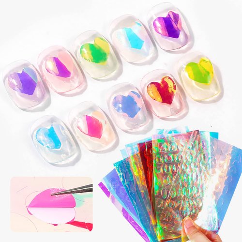 SILPECWEE 11 Sheets Aurora Nail Foil Laser Nail Stickers Glass Paper Nail Art Stickers Iridescent Cellophane Nail Designs Stickers Holographic Film 3D Nail Decoration for Women Kids